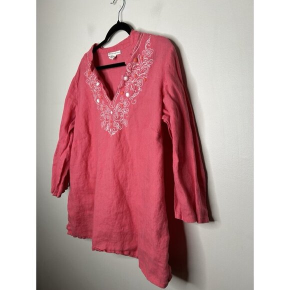 JM Collection Women’s Top Pink Beaded V Neck 100% Linen Plus Size 18W - Picture 4 of 9